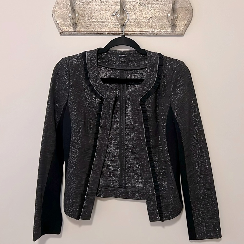 Express Cropped Metallic Gray and Black Jacket, Size 6